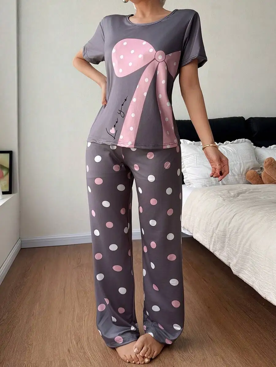

Oversized Bow Polka Dot Short Sleeve Sleepwear Set For Women Round Neck Pajama Pants