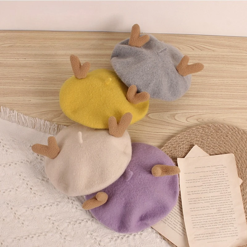 Kinder Lustige Wolle Baskenmütze Hut Mit Hirsch Ohr Herbst Solide Warme Nette Junge Mädchen Bonnets Kappe Designer Winter Hüte Weihnachten Party Geschenk