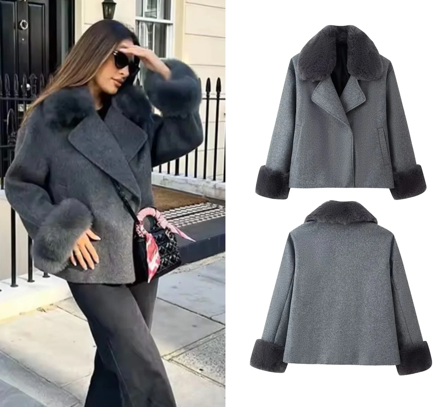 

Women Winter Warm Fur Spliced Woolen Coat Female Loose Lapel Long Sleeve Solid