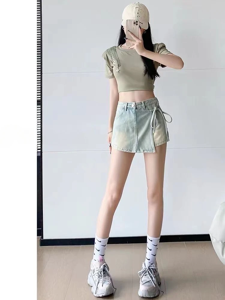 Fake Two Pieces Denim Shorts Women's New High Waisted Shorts Skirt