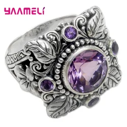 Luxury Purple Crystal 925 Sterling Silver Leave Rings For Women Big Cubic Zirconia Stone Anel Wedding Finger Jewelry Accessorize