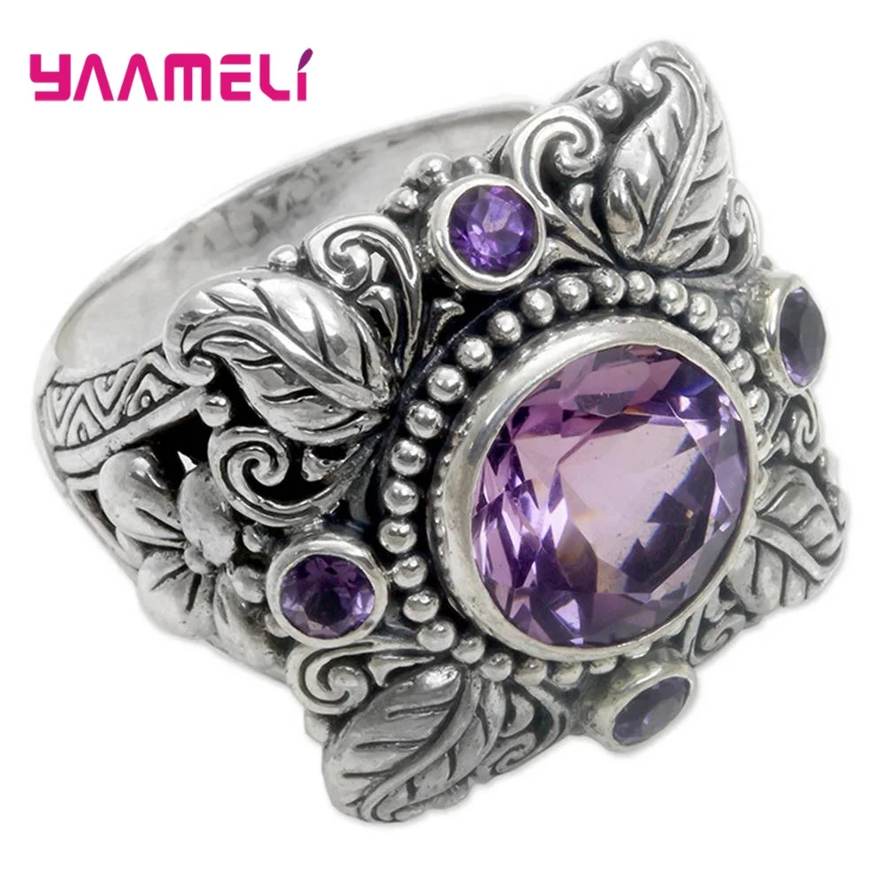 Luxury Purple Crystal 925 Sterling Silver Leave Rings For Women Big Cubic Zirconia Stone Anel Wedding Finger Jewelry Accessorize