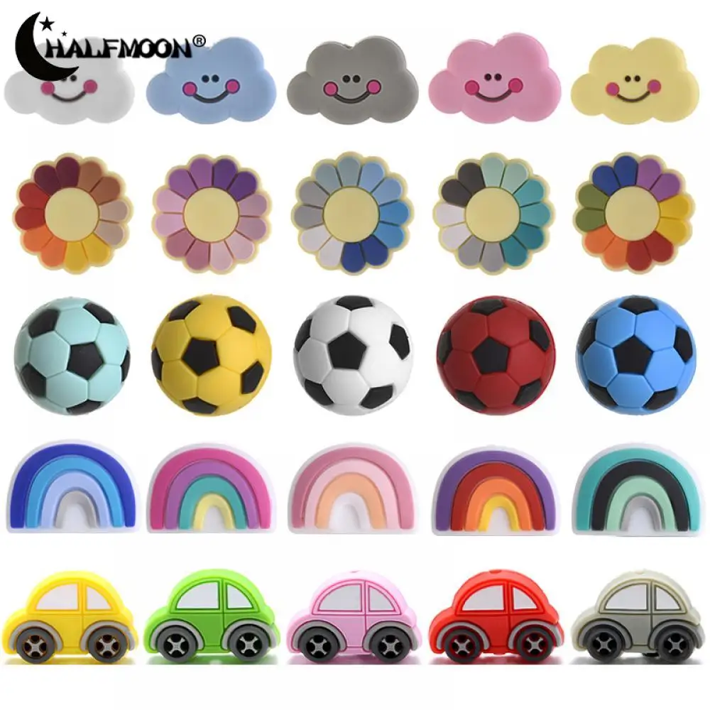 10Pcs Silicone Beads Flower Rainbow Ball Cloud Car Shape Food Grade Teether Beads for Baby DIY Pacifier Clip Chain Chewing