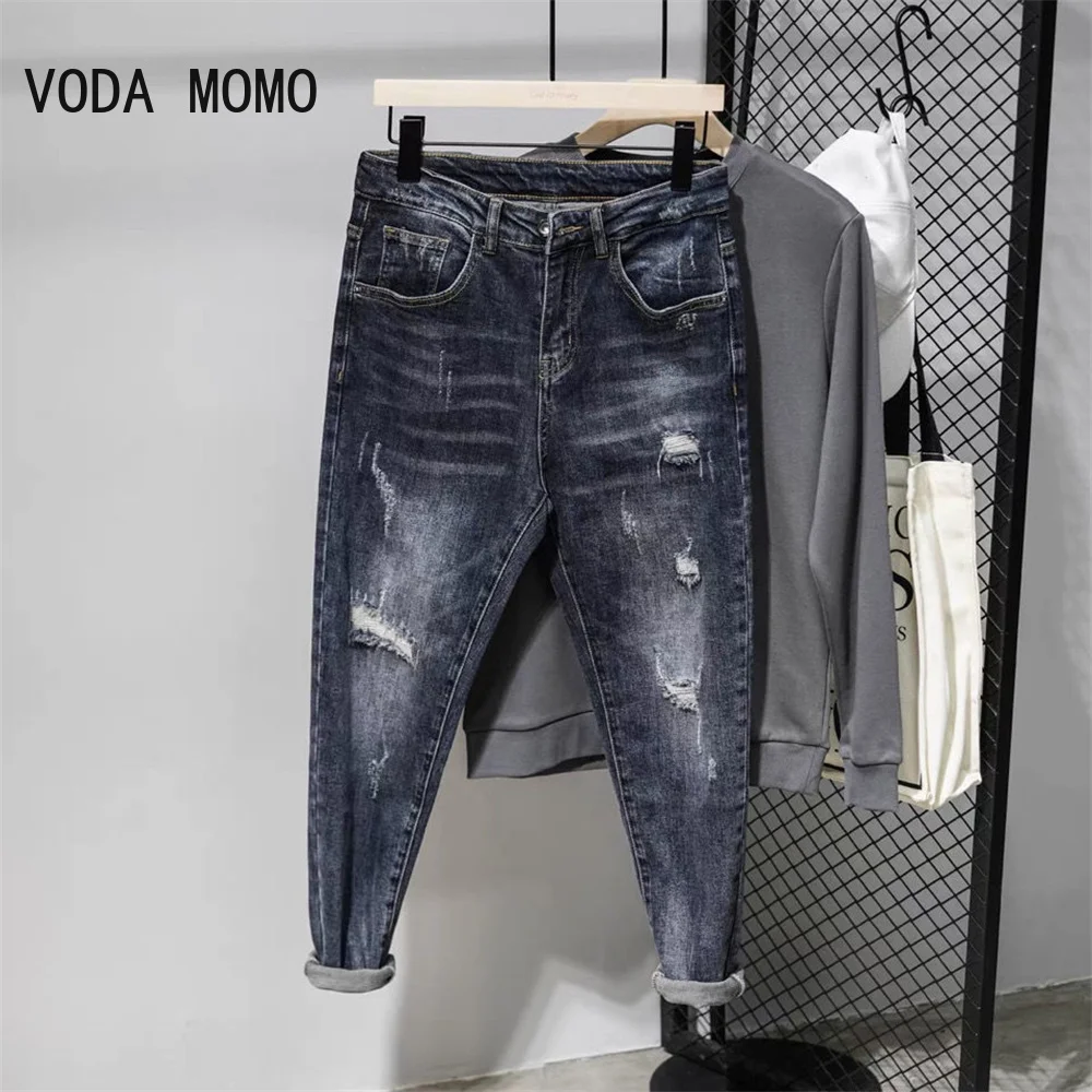 Spring Summer New Men Patchwork Jeans Ripped Hole Slim Fashion Streetwear High-quality Washed Vintage Male Denim Trousers