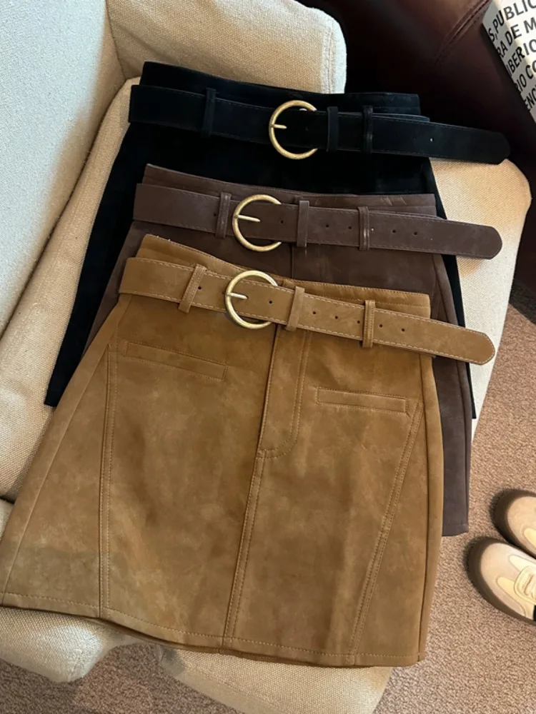 High Waist A-Line  Skirt Women's Autumn Winter New Sle Soft Comfortable Deer Skin Velvet Belted ort Skirt for Commute