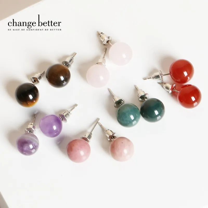 Change Better Natural Stone Amethyst Tiger Eye Agate Round Beads Earring Women Fashion Simple Stainless Steel Crystal Ear Studs