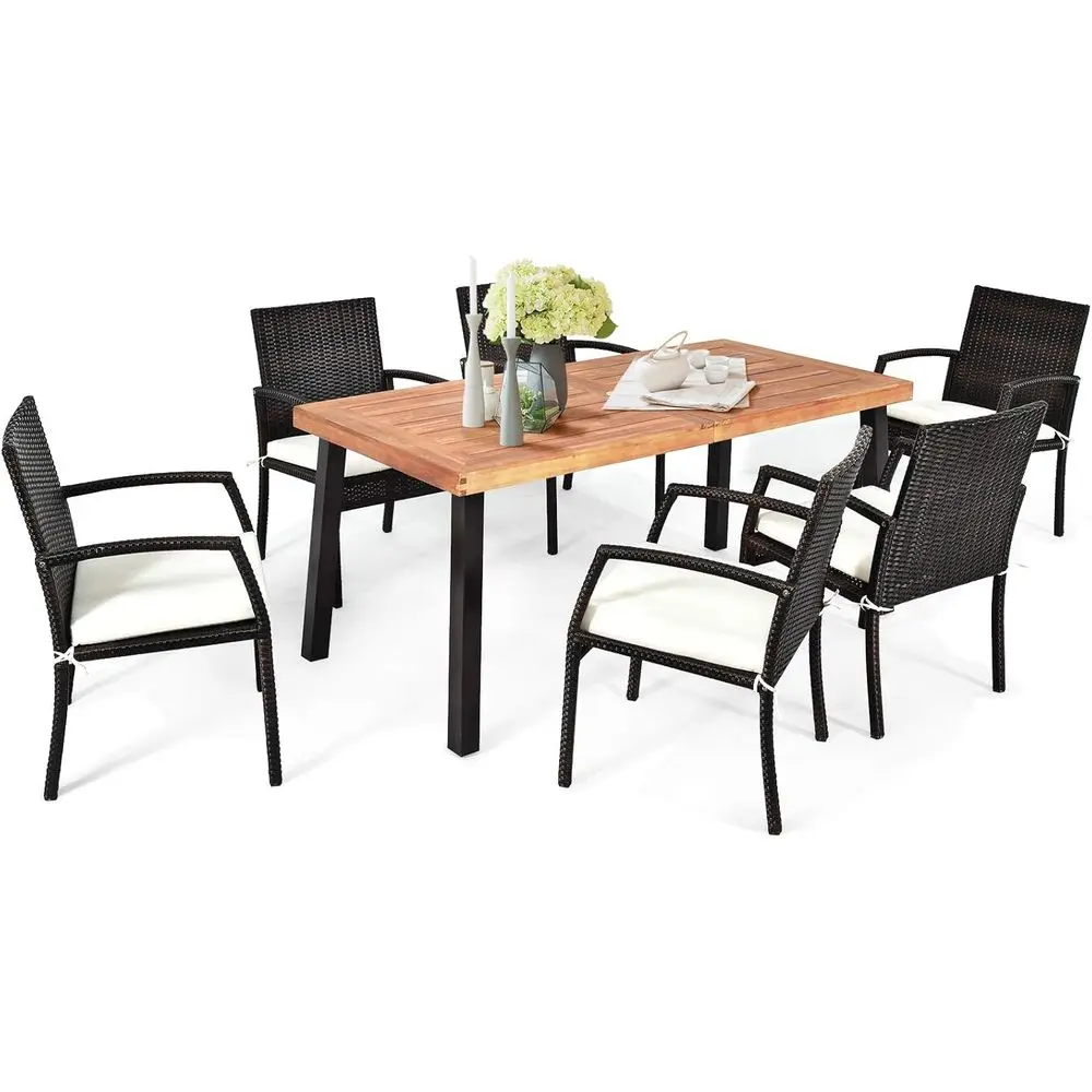 

6-Piece Acacia Wood Patio Dining Set with Cushioned Rattan Armchairs and Umbrella Hole