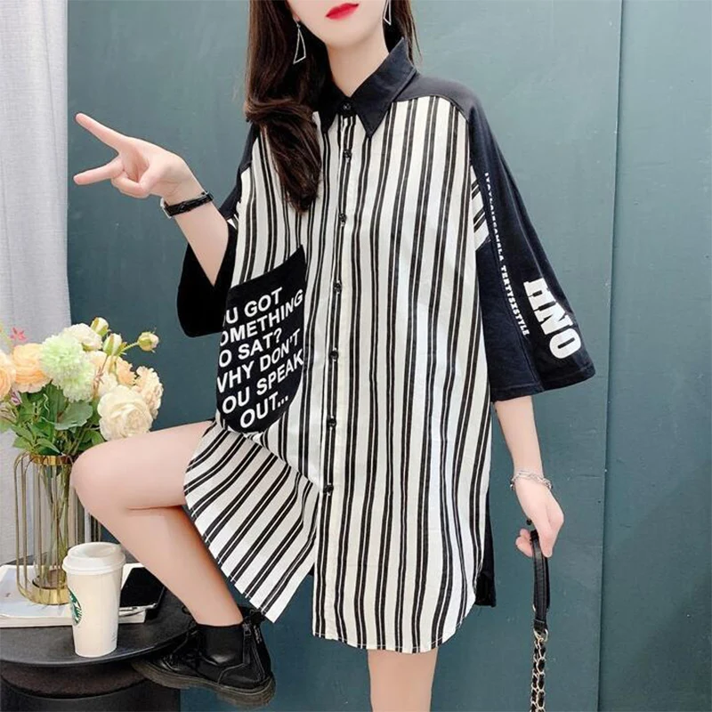 Spring Summer Street Style Trend Fashion Striped Patchwork Short Sleeve Blouse Lady Harajuku Y2K Button Up Shirt Women\'s Clothg