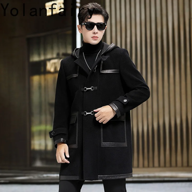 YOLANFAIRY Luxury Woolen Jackets for Man Autumn Winter Mid-length Pure Wool Patchwork Sheepskin Trench Coat Hooded Mens Jacket