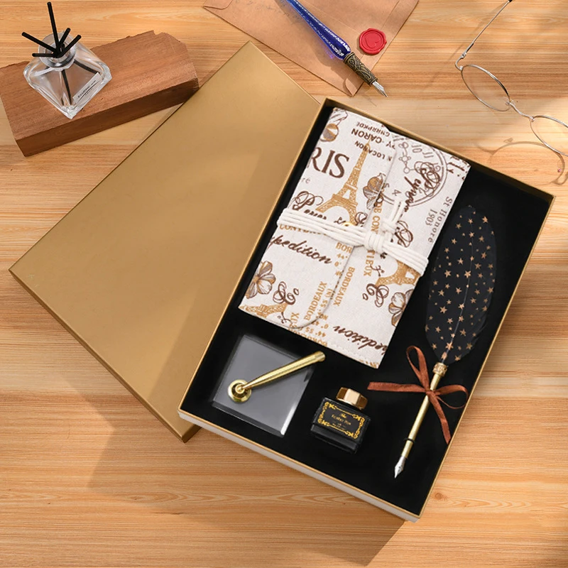 Creative Feather Pen Set With Cloth Notebook Ink Bottle Pen Socket Vintage Calligraphy Writing Dip Pen Office Stationery