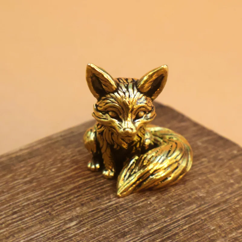 Mini Solid Brass Little Fox Desktop Ornament Copper Study Desk Decoration Creative Gift Craft