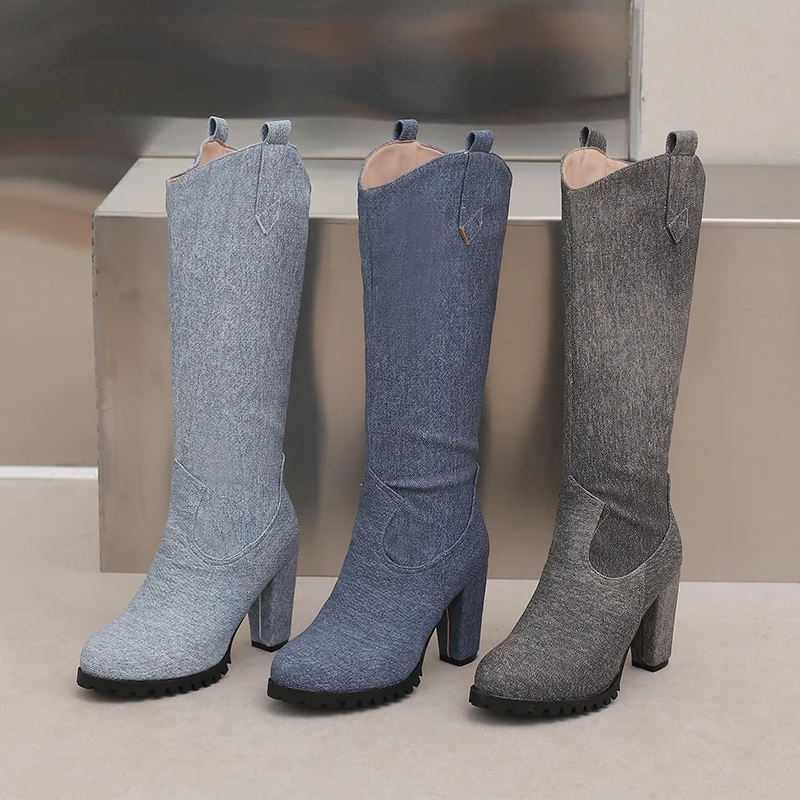 Plus Size Round Head Super High Thick Heel Denim Women's Knee Boots Simple Style Side Zipper Breathable Inner Denim Boots
