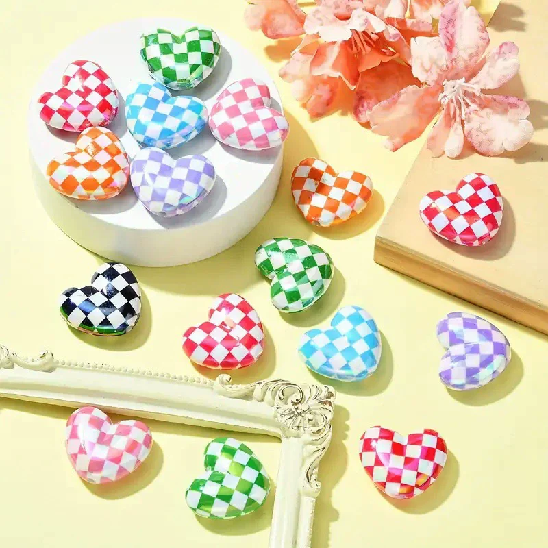UV-Coated Printed Checkered Heart with Hole Beads DIY Bracelets Pearls for Crafts Parts Handmade Keyring Material Accessories