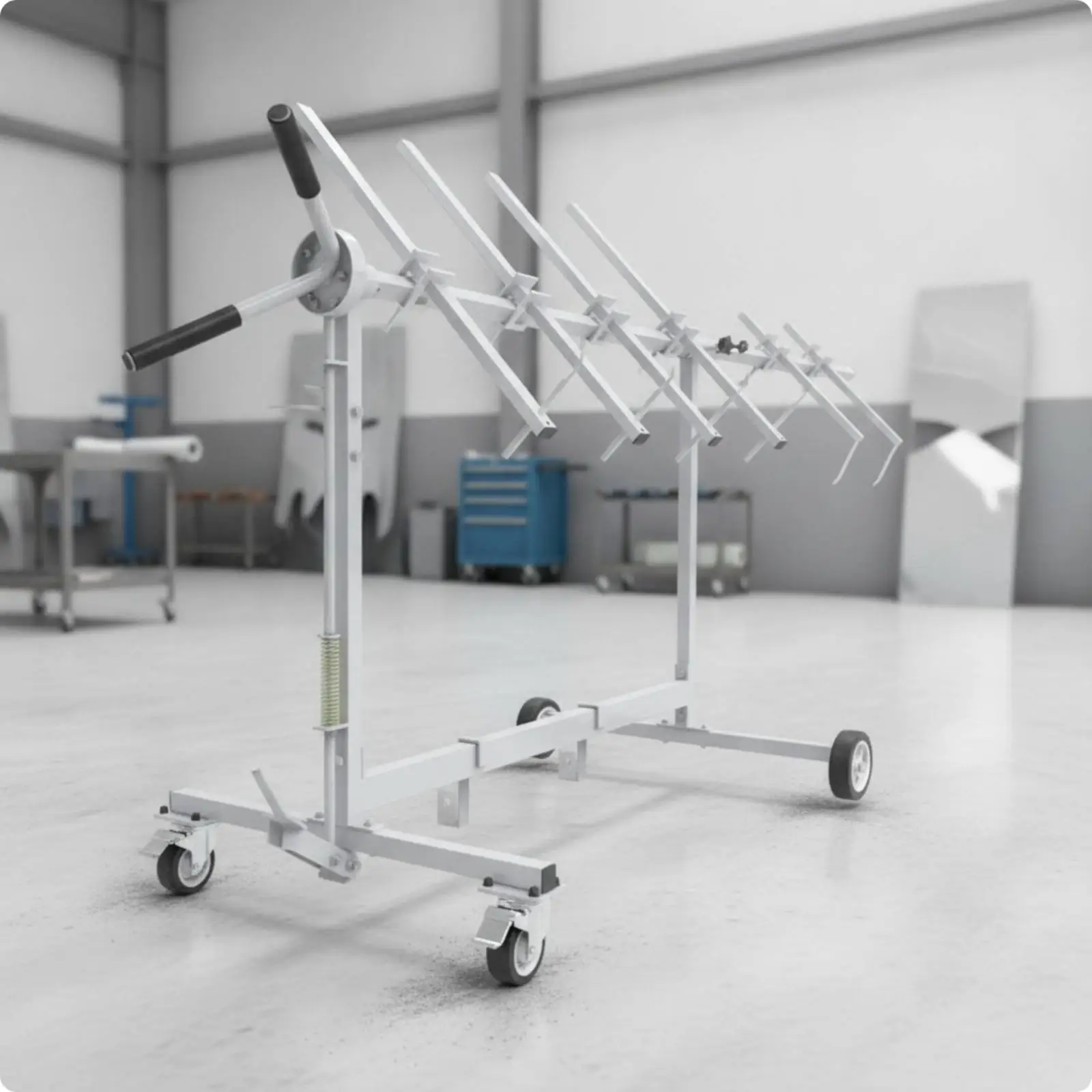 Heavy Duty Metal Rotating Stand for Car Painting with Adjustable Support Arms and Easy Roll Wheels