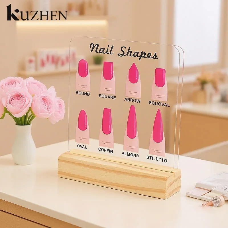 Placa de exibição de formas de unhas, placa acrílica transparente, base de madeira com diamante, adereço para arte em unhas, desktop, arte em unhas, placa de exibição
