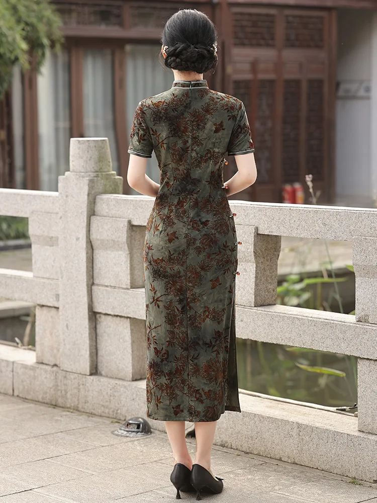 Fashion Green Rayon Cheongsam Chinese Classic Women's Qipao Elegant Short Sleeve Novelty Long Dress