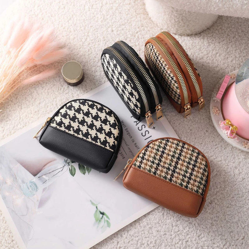 

Mini Textured Earphone Case Double Zipper Small Wallet Portable Key Case Travel Card Case Fashionable Retro Coin Purse