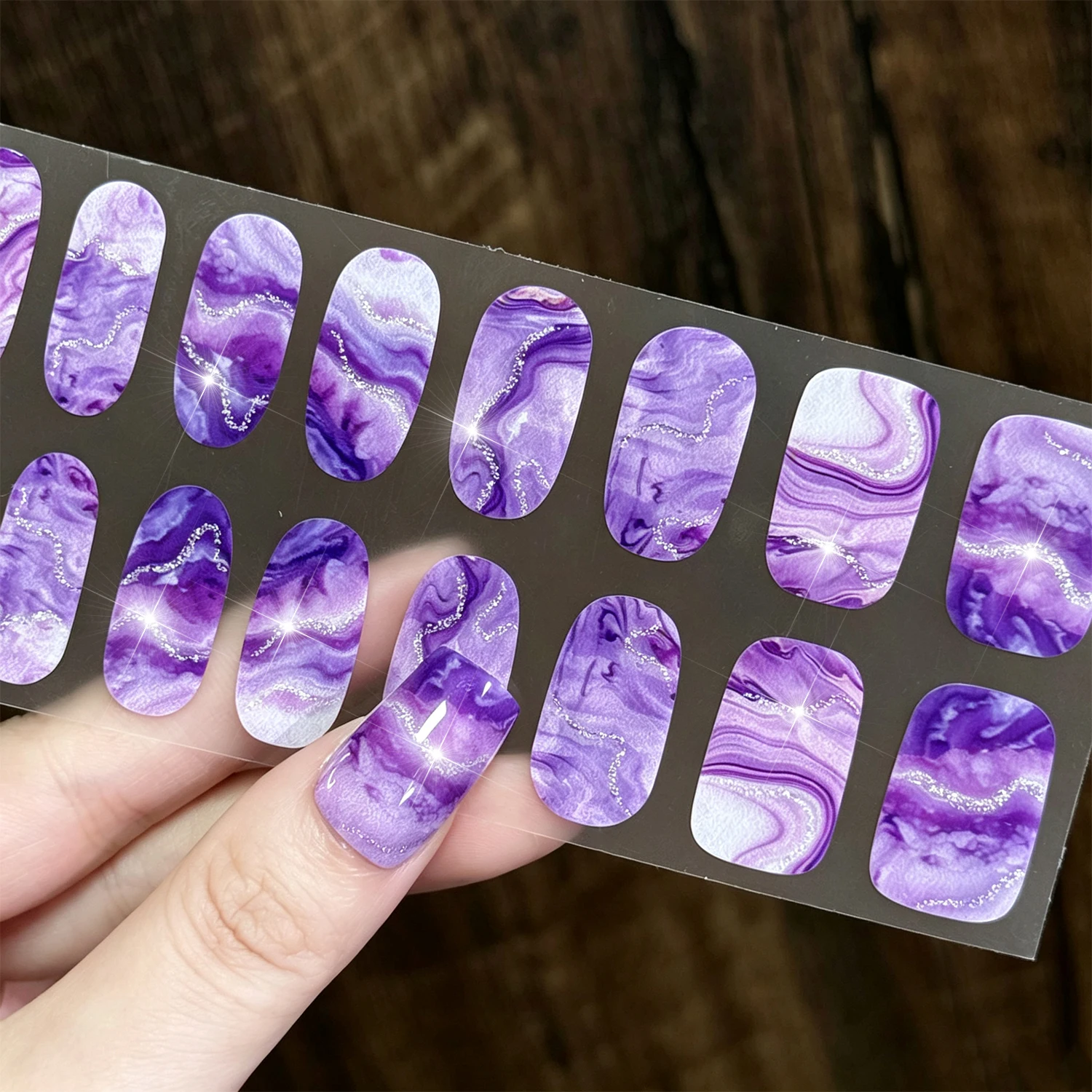 16tips/pc Blue Pink Green Black Ink Smoke Marble Full Wrap Nail Stickers Gradient Glitter Self Adhesive Nail Decals DIY Manicure