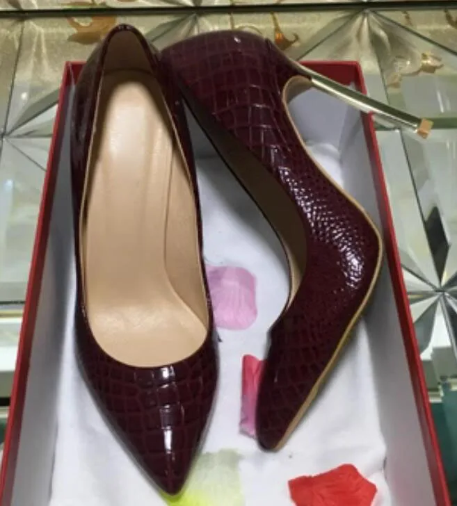 Sexy Alligator Grain Shiny Leather Blade Heels Pumps Pointed Toe 6 8 10 cm Fuchsia Burgundy Metal High Heels Women Party Shoes