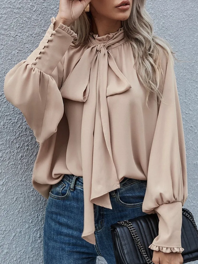 

Fashion Solid Color Chiffon Shirts Women Bowknot Leace-up Puff Sleeve Temperament Elegant Lady Blouses Trendy Commuting Clothing