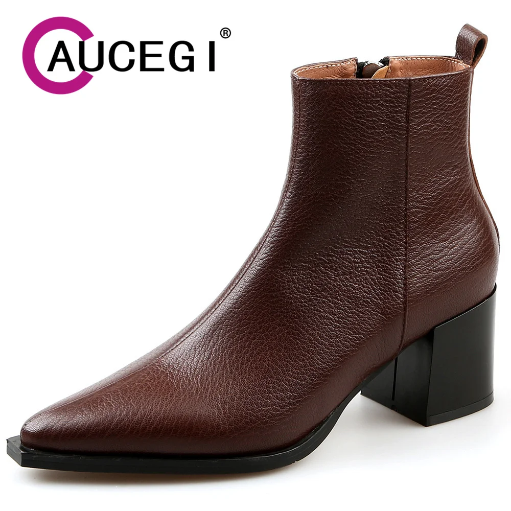 

Aucegi Classical Simplicity Women Ankle Boots Genuine Leather Spring Autumn Zipper Chunky Heel Pointed Toe Commuter Casual Shoes
