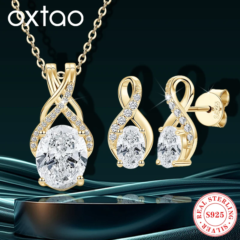 

OXTAO 100% 925 Silver Jewelry Set Moissanite Criss Cross Pendant Necklace for Women Infinity Stud Earring Necklace Wedding Party