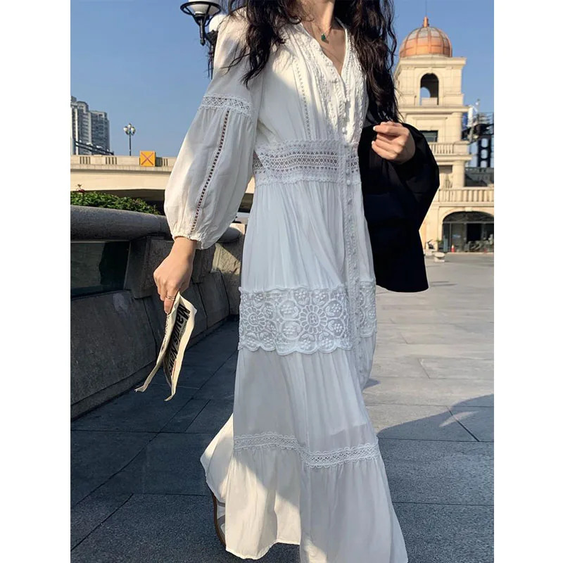 White Women's Sundress Summer Lace Boho Oversized Maxi Dress Long Sleeve Cotton Beach Dress Casual Korean Fashion Chic