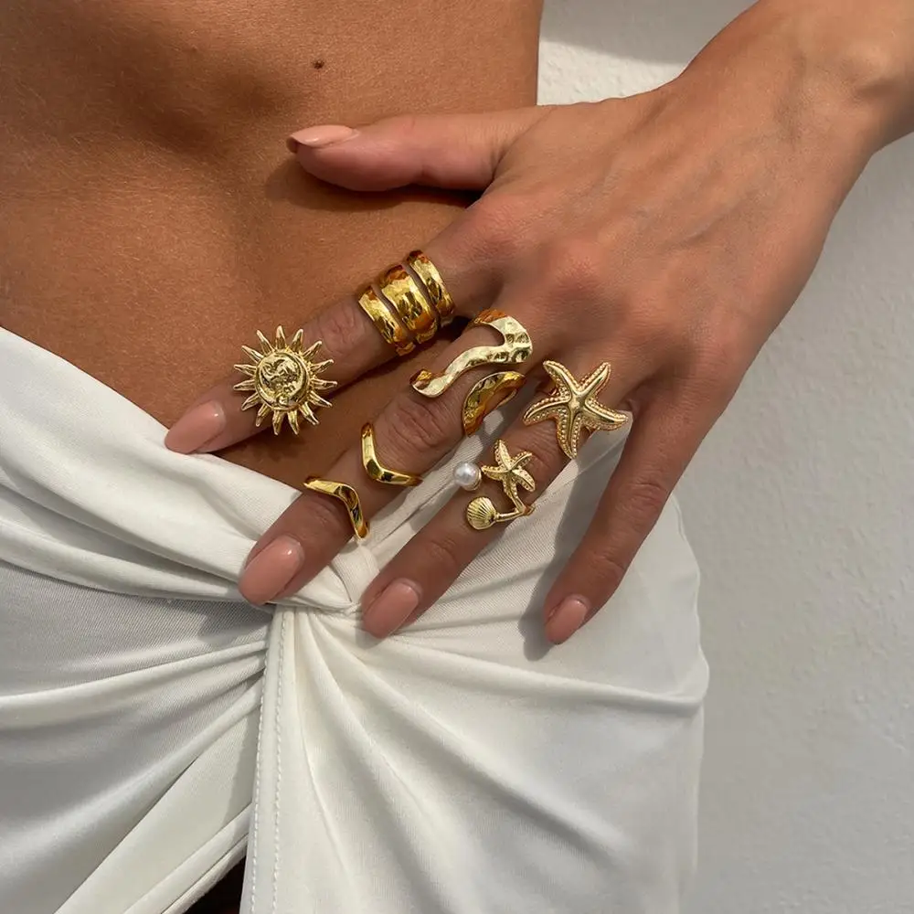 6Pcs/Set Vintage Sun Starfish Open Rings for Women Men Punk Irregular Pleated Pearl Ring Summer Holiday Personalized Jewelry image 3