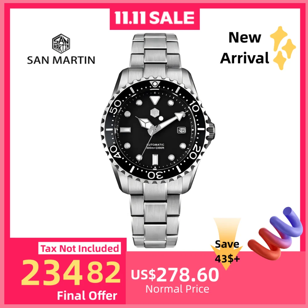 

San Martin 40mm Enamel Dial YN55 Men Diver's Automatic Mechanical Watch 3H Date BGW-X1 30Bar Waterproof Montre Homme SN0009D