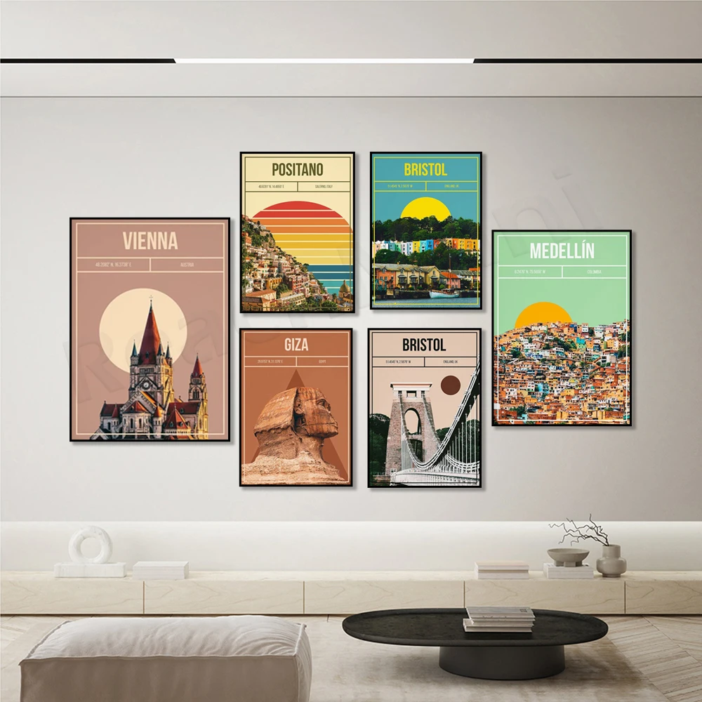 Madrid, Iceland, Florence, Positano, Vienna, Bristol, England, Brussels, Medellin, Bristol, Giza, Chichen Itza travel poster