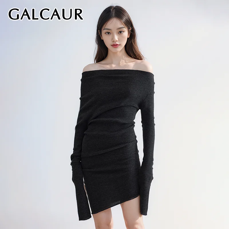 

GALCAUR Minimalist Slimming Dresses For Women Diagonal Collar Long Sleeve Off Shoulder High Waist Knitting Midi Dress Female New