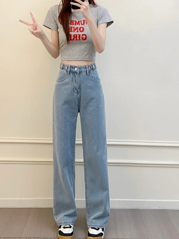 

High Waist Straight Leg Jeans Women's Loose Fitting Slimming Long Pants Drapey Wide Leg Jeans Spring 2026 Casual Style Blue