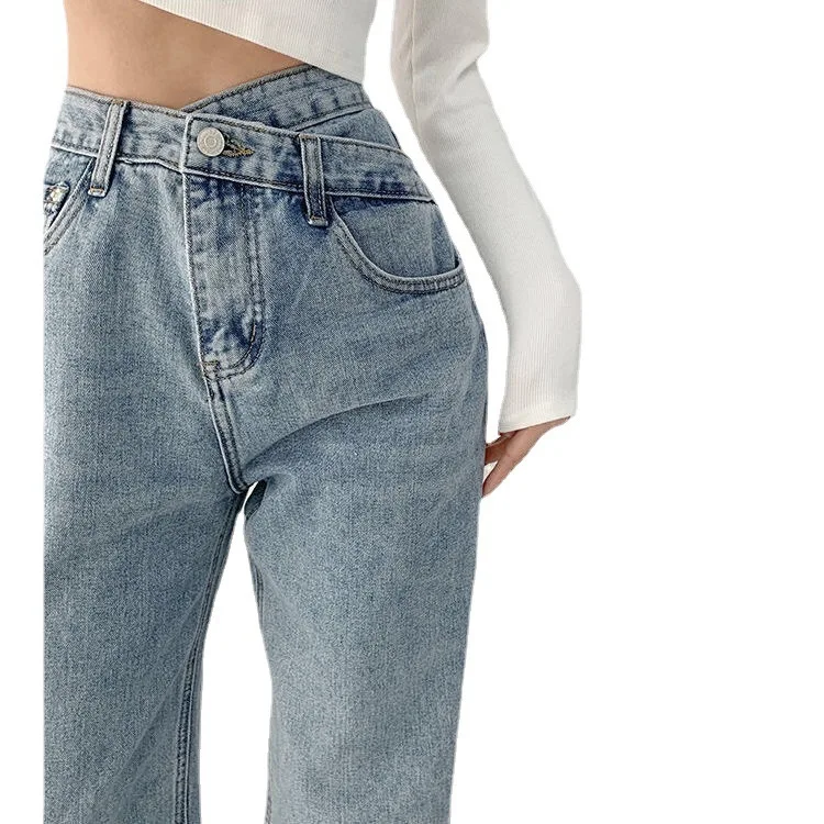 

Винтажные джинсы с высокой талией и перекрестной талией, женские прямые хлопковые джинсовые брюки, длинные брюки Street Sle, летняя коллекция