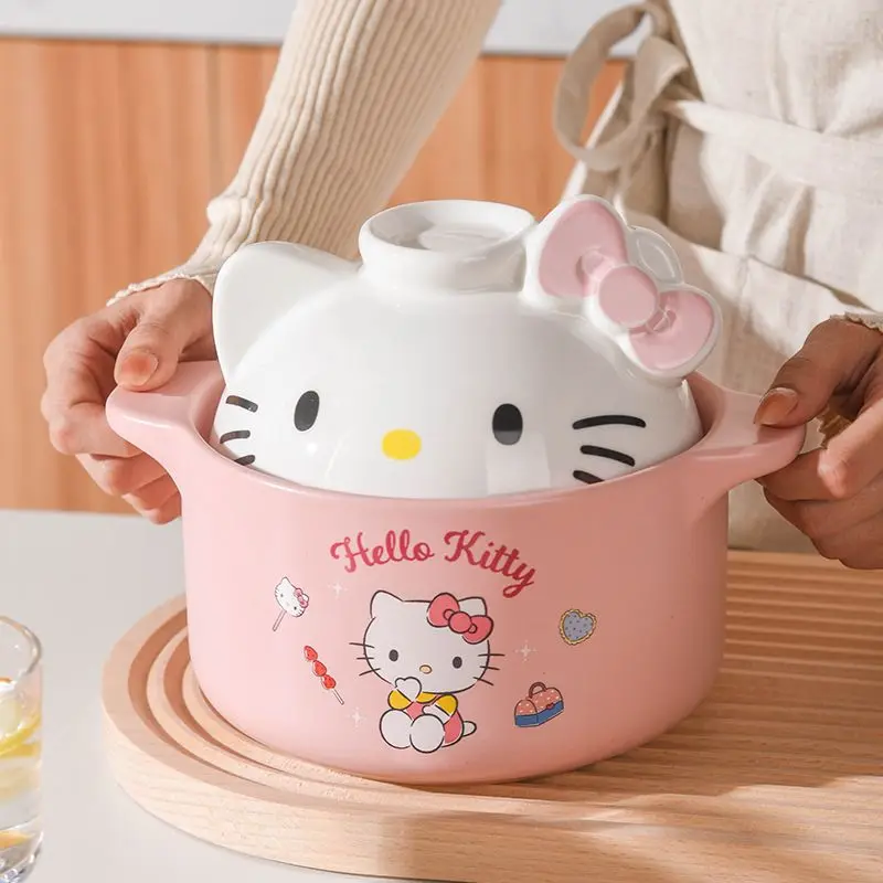 MINISO Hello Kitty ceramic pot Casserole kawaii with lid Good looks Anime figure Can open fire student Cartoon girlfriend gift