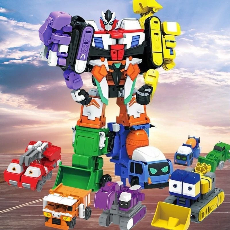 

6 in 1 Transforming Robot Construction Car Combination Action Figure Excavator Blender Model Collect Children Toy for Child Gift