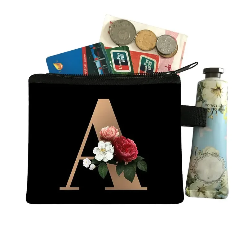 26 Initials A-Z Letter Flower Coin Purses Women Wallet Kawaii Zipper Pouch with Money Key Earphone Fashion Mini Makeup Bags