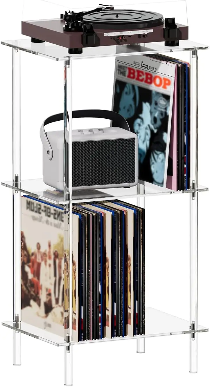 

Acrylic Record Player Stand with Vinyl Storage, 3-Tier Modern Side Table for Living Room or Bedroom, Clear Design