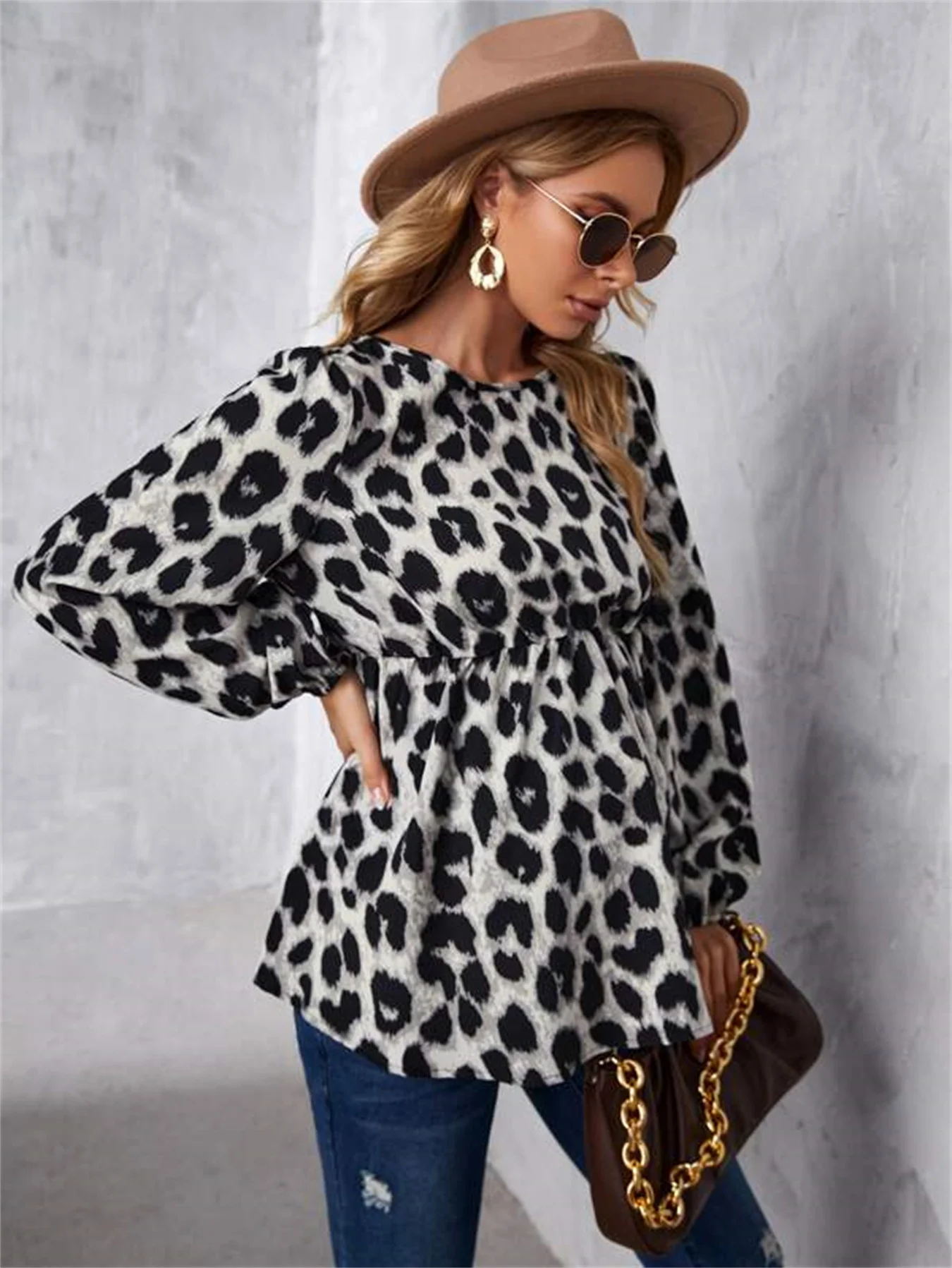 Women\'s European and American maternity wear, maternity top, long sleeved spotted leopard print, work and leisure