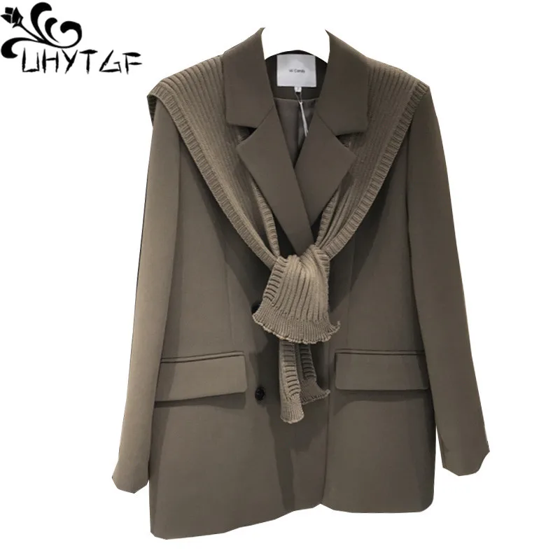 

UHYTGF 2023 Blazer Coat Woman Knitted Stitching Shawl Double Breasted Autumn Winter Jacket Female Fashion Fake Two-Piece Top 392