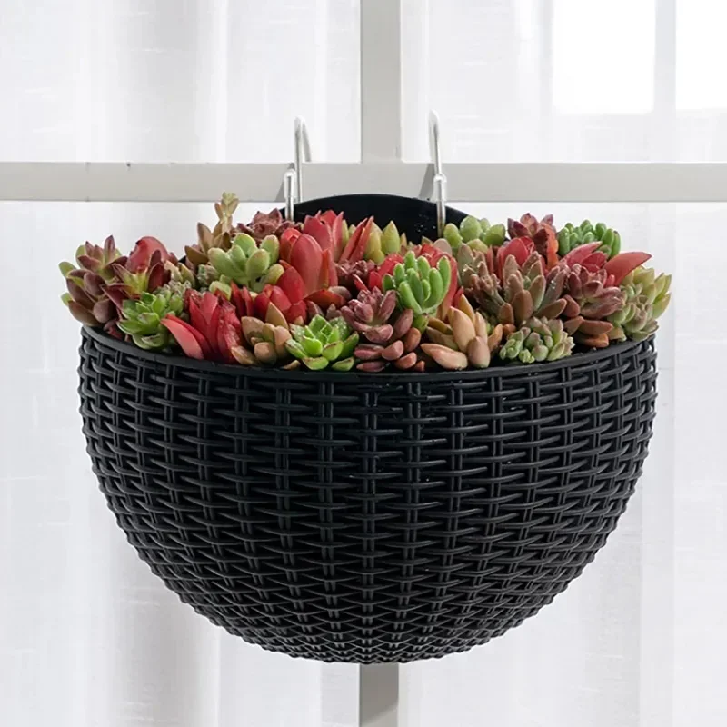 Imitation Rattan Wall-mounted Semi-circular Flower Basket No-punching Outdoor Garden Balcony Hydroponic Flower Pots Home Decor