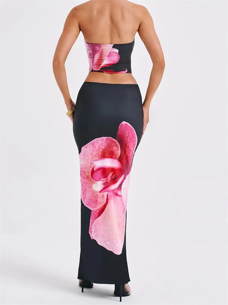 Chronstyle sexy Frauen 2 Stück Outfits Blumen druck Tube Tops und elastische Taille Bodycon lange Röcke Sets Sommer Streetwear 2024