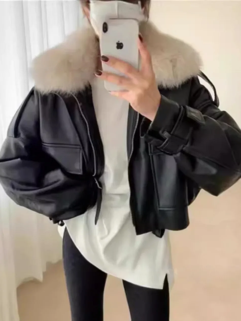 Women Clothing Short Detachable Rabbit Fur Collar Warm Black Coats Women Tops Autumn/Winter New Velvet Thickened Leather Jacket