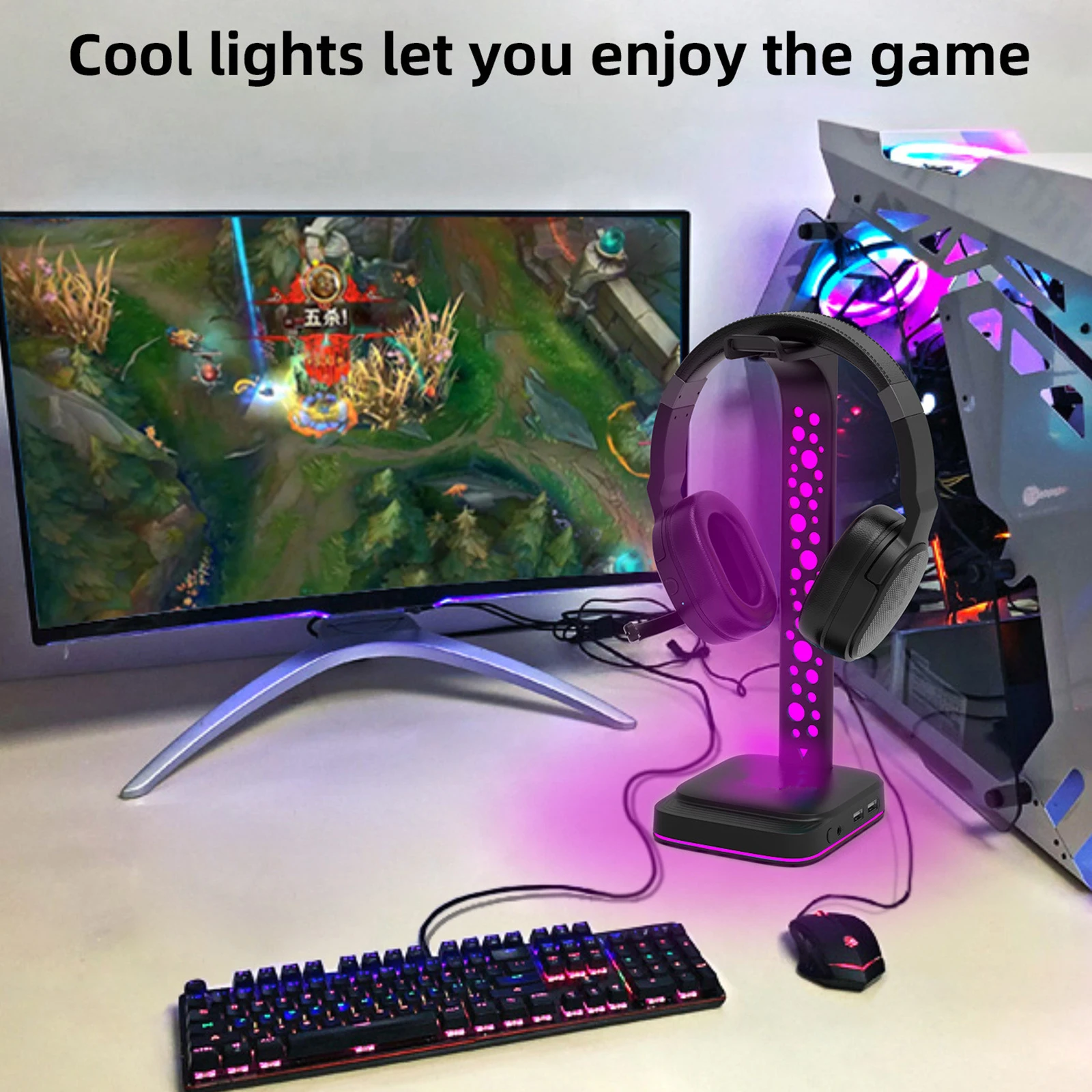 حامل سماعة رأس للألعاب RGB مع واجهة USB مزدوجة ، حامل سطح المكتب ، دعم عالمي ، ملحقات سماعات الرأس