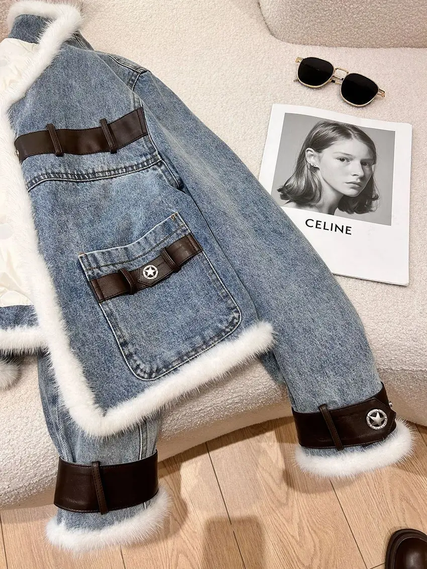 Denim Coats With Rhinestone Woman Fur Plush Womens Winter Standneck Lined Pleated Drawstring Outcoats Steampunk Festival Relaxed