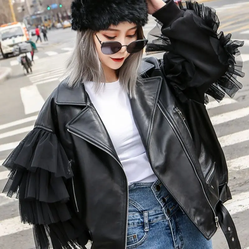 Lady Fashion Real Leather Jacket New Styles Genuine Sheepskin Leather Women  Tiered Tulle Sleeve Moto Jacket S7547