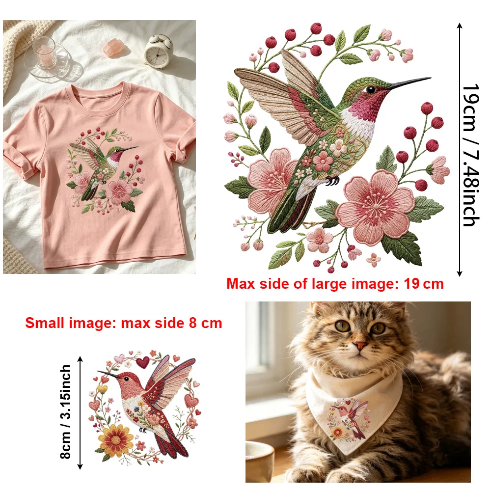 16Pcs Durable Hummingbird Floral Iron-on, Embroidery-Look Bird HTV, Washproof Waterproof Sweatproof, Vivid After Regular Wash