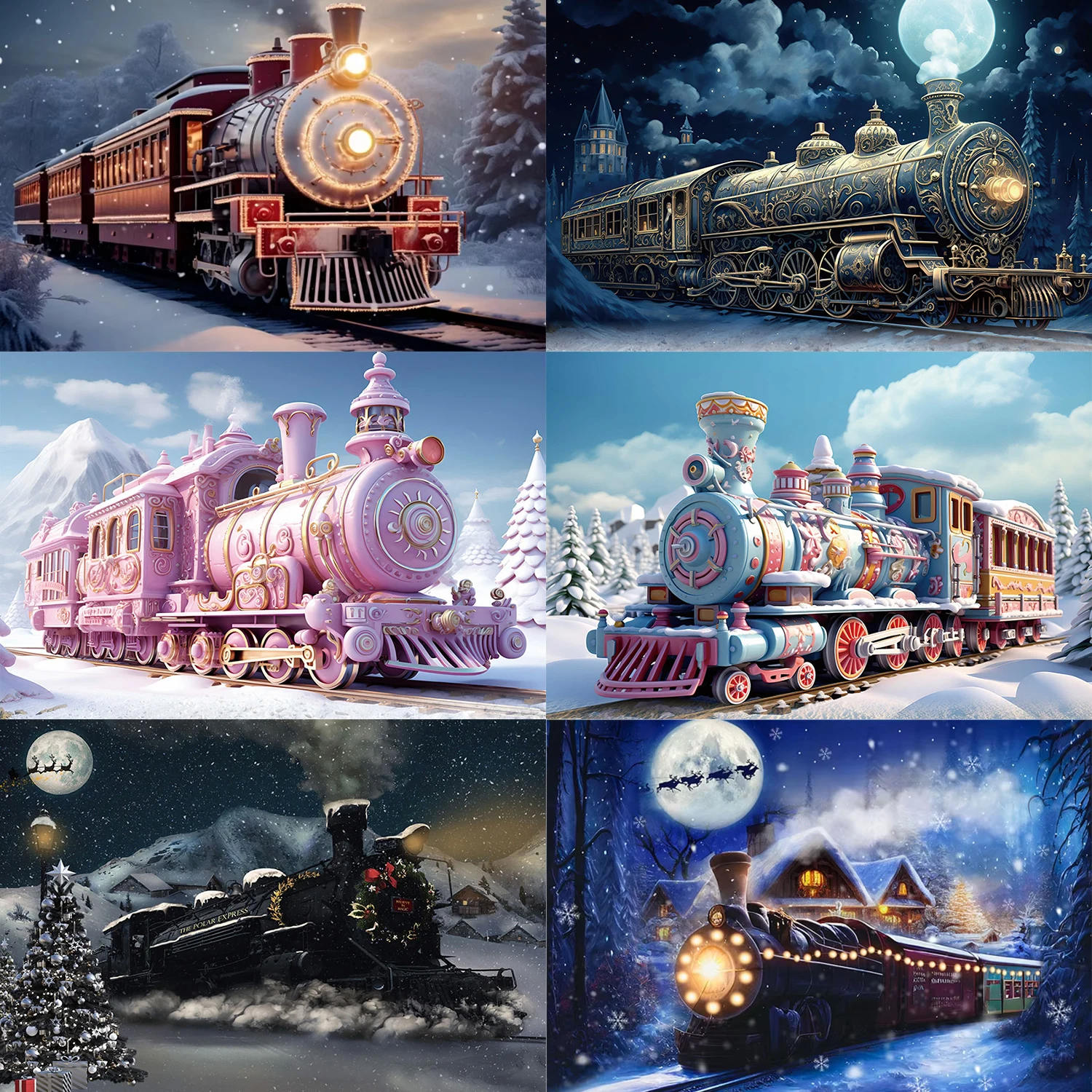 

Winter Train Theme Merry Christmas New Year Night Moon Snowflake Platform Children Pink Car Portrait Background Prop Banner Gift