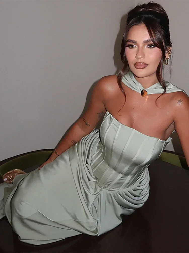 우아한 롱 드레스 여성 스트랩리스 슬리브리스 스카프 하이 웨이스트 베스티도 여성 2025 봄 여름 신상 시크 레이디 이브닝 드레스