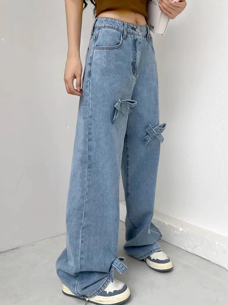 Koreaanse Sle Knot Vintage Distred Wijde Pijpen Jeans Dames Zoete Pittige Afslankende Lange Broek Herfst 2024