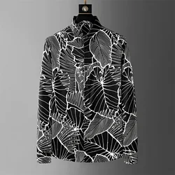 2024 Spring Summer Leaf Printed Shirt Men Loose Long Sleeve Casual Shirts Social Streetwear Hawaiian Shirt Men Clothing M-4XL